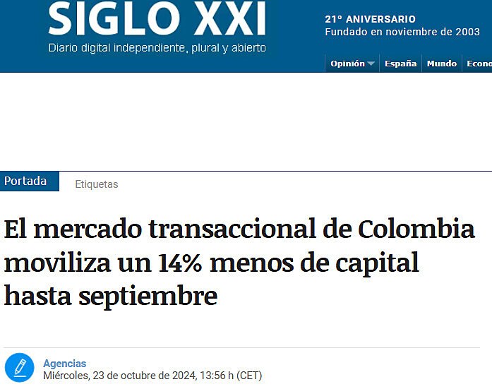 El mercado transaccional de Colombia moviliza un 14% menos de capital hasta septiembre